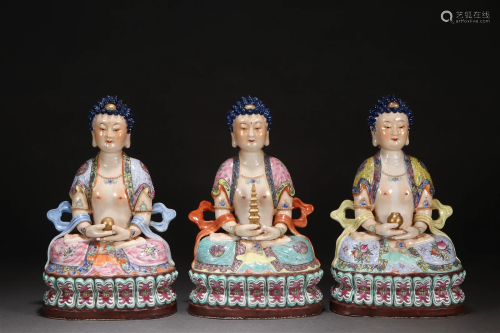 A Set of Three Chinese Falangcai Trinity of Buddhas