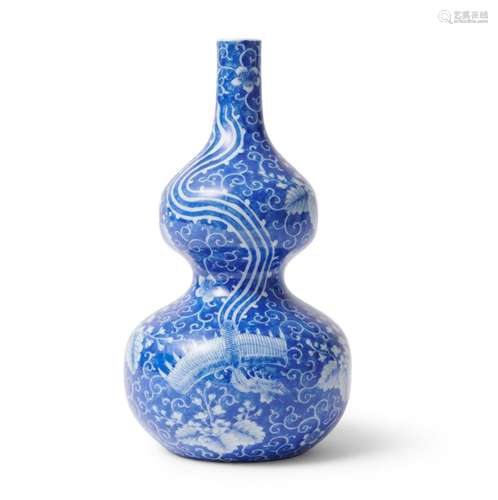 A JAPANESE SETO BLUE AND WHITE DOUBLE GOURD VASE KAWAMOTO MA...