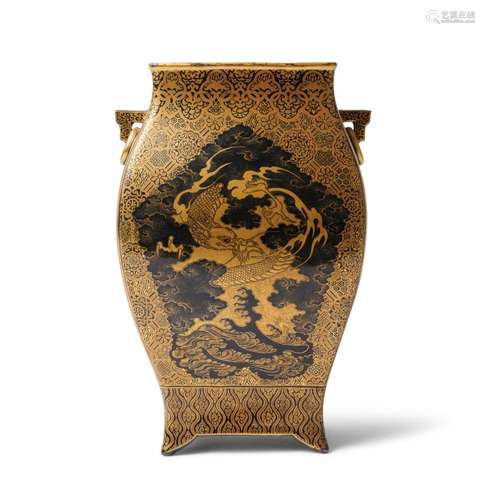 A JAPANESE SETO GILDED BLACK-GLAZED DRAGON AND PHOENIX VASE ...