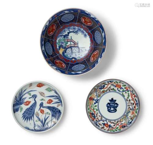 A JAPANESE KENJO IMARI BOWL AND TWO KO-IMARI DISHES EDO PERI...