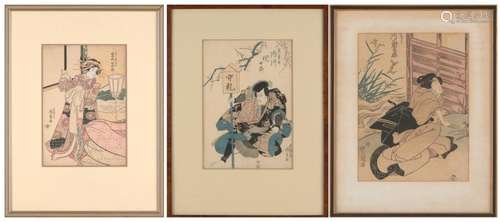 THREE FRAMED JAPANESE OBAN WOODBLOCK PRINTS EDO PERIOD (1603...