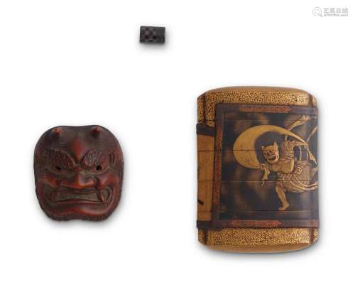 A JAPANESE FOUR-CASE GOLD LACQUER INRO AND NETSUKE MEIJI PER...