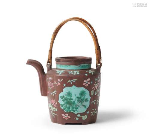 A CHINESE YIXING ZISHA FAMILLE ROSE-DECORATED TEAPOT QING DY...