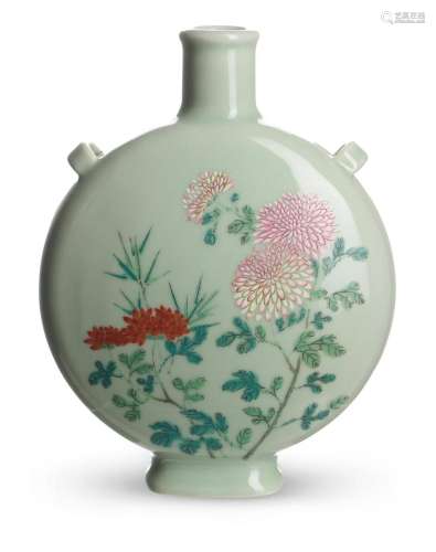 A CHINESE FAMILLE ROSE DECORATED CELADON MOON FLASK 20TH CEN...