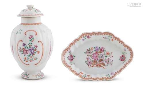 A CHINESE EXPORT FAMILLE ROSE TEA CADDY AND A DISH QIANLONG ...