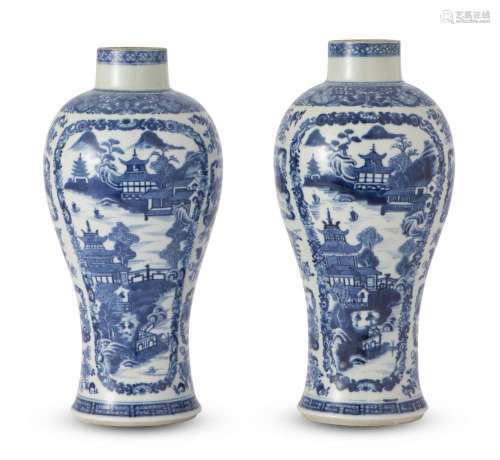 A PAIR OF CHINESE EXPORT BLUE AND WHITE BALUSTER VASES QIANL...