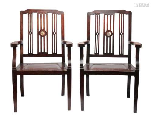 A PAIR OF CHINESE HARDWOOD DREAMSTONE-INSET ARMCHAIRS QING D...