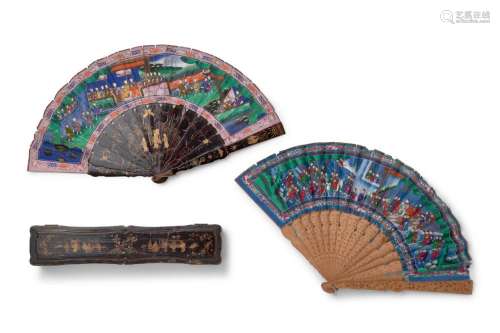 TWO CHINESE EXPORT FANS TOGETHER WITH A LACQUER BOX QING DYN...
