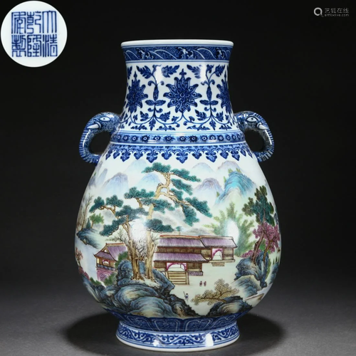 A Chinese Famille Rose Landscape Zun Vase