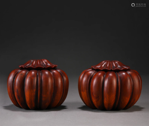 Pair Chinese Carved Aloes-wood Chess Jars