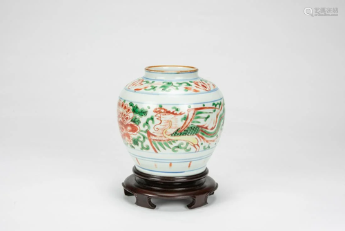 Shunzhi-A Wucai â€˜Phoenixâ€™ Vase With Woodstand