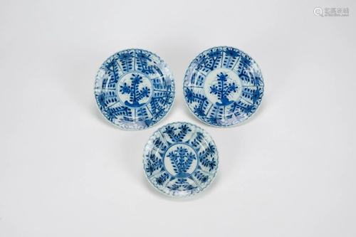 Qing - A Group Of Three Blue And White â€˜Flowersâ€™ Dishes.