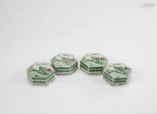 Late Qing-A Group Of Four Famille Glazed Pentagon Shape Cove...