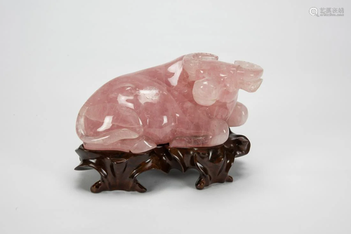 Republic-A Pink Tourmaline Carved Buffalo With Woodstand