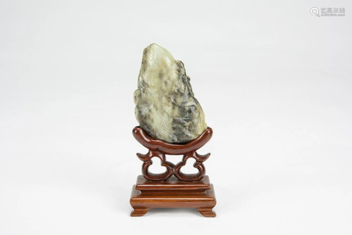 Jin-A White Jade Carved Boy Rides On Koi (woodstand)