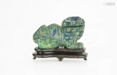 Qing-A Green Hardstone Carved Beast (woodstand)