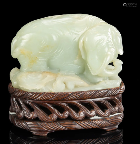 Qing-A White Jade Carved Elephant with WoodStand