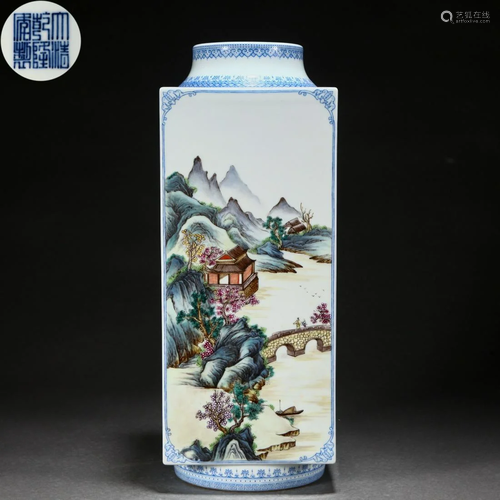 A Chinese Famille Rose Landscape Squared Vase