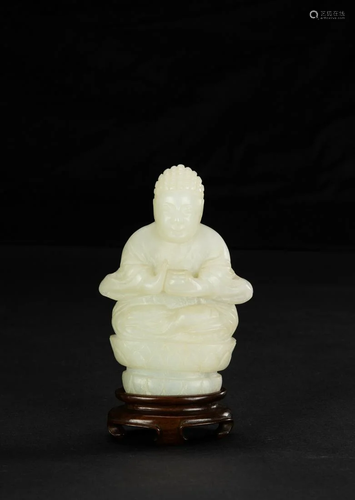 A White Jade Carved Censer Buddha Statue, With Woodstand