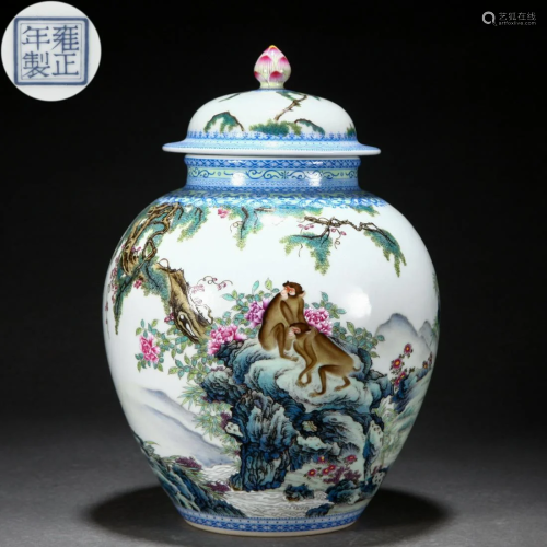 A Chinese Famille Rose Monkeys Jar with cover