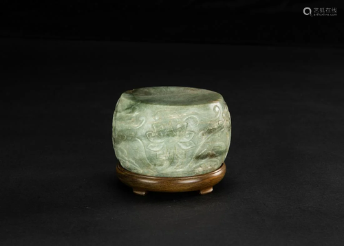 Late Qing - A Green Jade Carved Flower Papper Weight, Woodst...