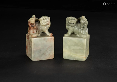 Late Qing/Republic-A Pair Of Soap Stone Carved Two Lion Seal...