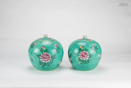 Late Qing - A Pair Of Turquoise -Ground Famille-Glazed Flowe...