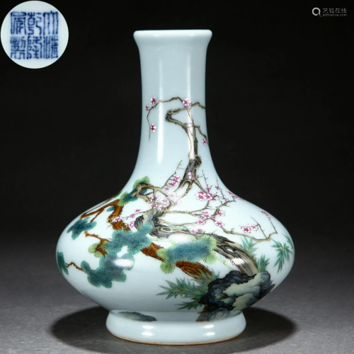 A Chinese Famille Rose Pine Bamboo and Plum Vase