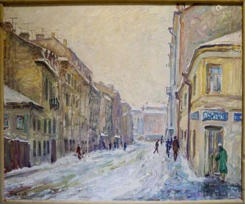 Oil painting Winter landscape in the city Basov Yakov Alexan...