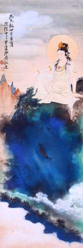 CHINESE SCROLL PAINTING OF SEATED GUANYIN SIGNED BY ZHANG DA...