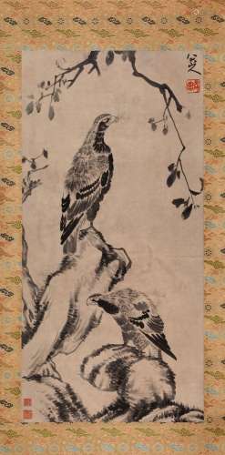 CHINESE SCROLL PAINTING OF EAGLE ON ROCK SIGNED BY BADASHANR...
