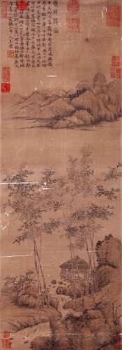 CHINESE SCROLL PAINTING OF MOUNTAIN VIEWS SIGNED BY WANG MEN...