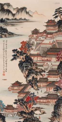 CHINESE SCROLL PAINTING OF PALACE BY RIVER SIGNED BY PURU