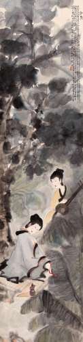 CHINESE SCROLL PAINTING OF BEAUTY IN WOOD SIGNED BY FU BAOSH...