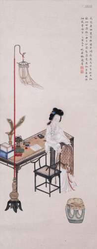 CHINESE SCROLL PAINTING OF BEAUTY BY TABLE SIGNED BY MEI LAN...