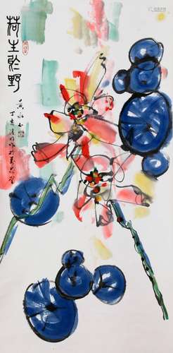 CHINESE SCROLL PAINTING OF LOTUS SIGNED BY HUANG YONGYU