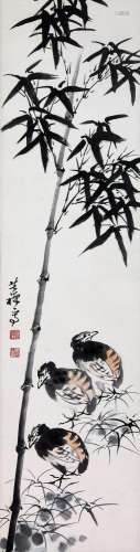 CHINESE SCROLL PAINTING OF BIRD AND BAMBOO SIGNED BY LI KUCH...
