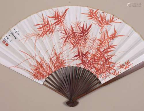 CHINESE FAN PAINTING OF BAMBOO SIGNED BY QIGONG