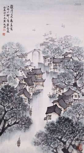 CHINESE SCROLL PAINTING OF LANDSCAPE SIGNED BY SONG WENZHI
