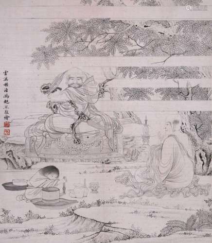 CHINESE SCROLL PAINTING OF LOHAN UNDER TREE SIGNED BY FENG C...