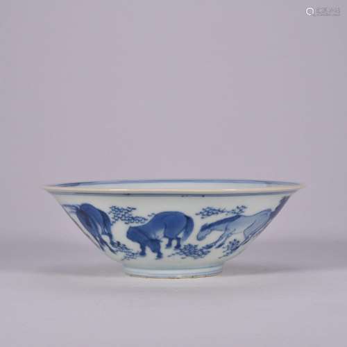 CHINESE PORCELAIN BLUE AND WHITE EIGHT HORSE BOWL QING DYNAS...