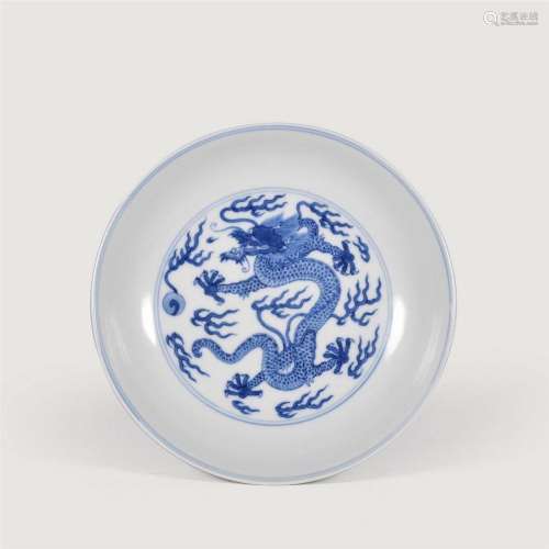 CHINESE PORCELAIN BLUE AND WHITE DRAGON PLATE QING DYNASTY