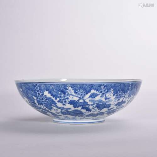CHINESE PORCELAIN BLUE AND WHITE GRAPE AND SQUIRREL BOWL QIN...