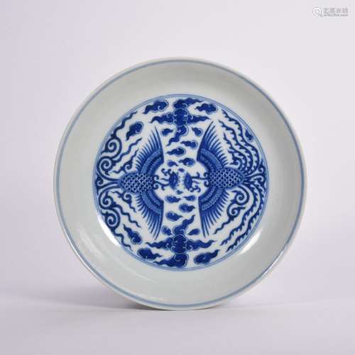CHINESE PORCELAIN BLUE AND WHITE PHOENIX PLATE QING DYNASTY