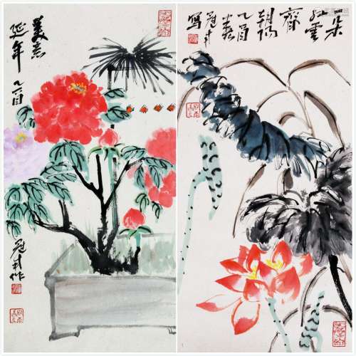 TWO CHINESE SCROLL PAINTING OF FLOWER IN VASE SIGNED BY WU G...