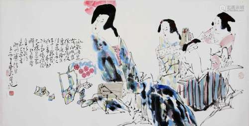CHINESE SCROLL PAINTING OF BEAUTIES SIGNED BY WANG XIJING