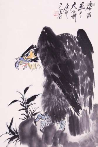 CHINESE SCROLL PAINTING OF EAGLE ON ROCK SIGNED BY TANGYUN