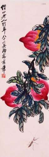 CHINESE SCROLL PAINTING OF PEACH SIGNED BY QI BAISHI