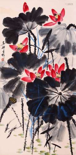 CHINESE SCROLL PAINTING OF LOTUS SIGNED BY LOU SHIBAI