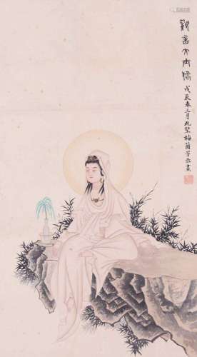 CHINESE SCROLL PAINTING OF SEATED GUANYIN SIGNED BY MEI LANF...